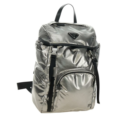 PRADA 雙肩包 PVC 帆布 銀色 正品 184815M