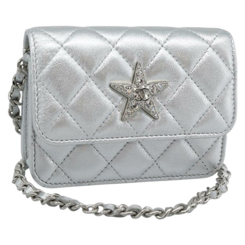香奈兒 (CHANEL) 絎縫鏈條單肩包，羊皮材質，銀色，CC標誌，正品編號 184788SAM