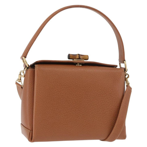 GUCCI 竹節手提包 皮革 兩用 棕色 金色 正品 185369
