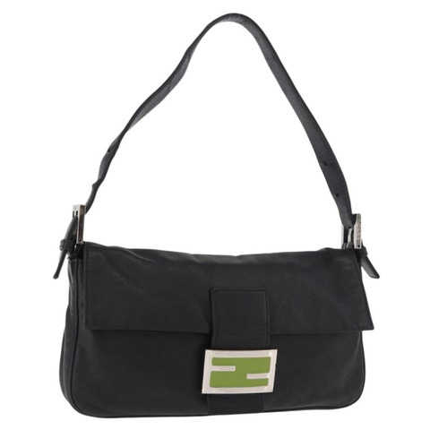 FENDI Mamma Baguette 單肩包，黑色銀色皮革，正品，貨號 185435SAV
