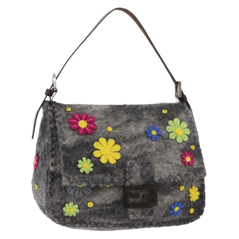 FENDI Floral Mamma Baguette 單肩包，毛氈材質，灰色/銀色，正品編號 185390SAM