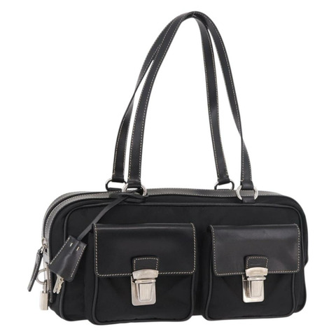 PRADA 單肩包 尼龍 黑色 銀色 正品 185658SAM