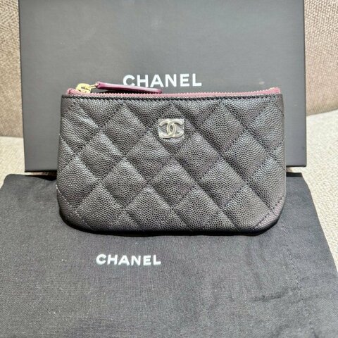 CHANEL 經典黑銀荔枝牛皮拉鍊零錢包