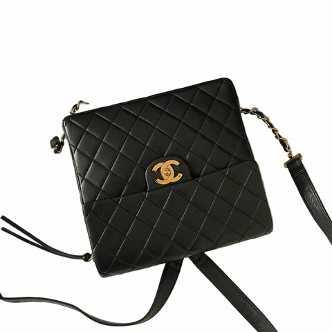 Chanel香奈兒黑金菱格紋雙C扣鏈條雙肩包