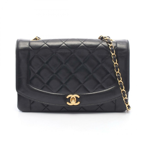 香奈兒 (CHANEL) Matelasse Diana 翻蓋肩背包 A01165 羊皮 黑色 二手 金色五金 CC