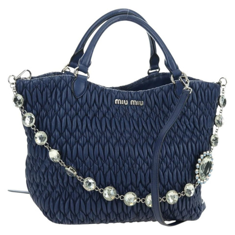 Miu Miu 納帕水晶絎縫手提包 皮革三用 藍色銀色 正品 185610SM