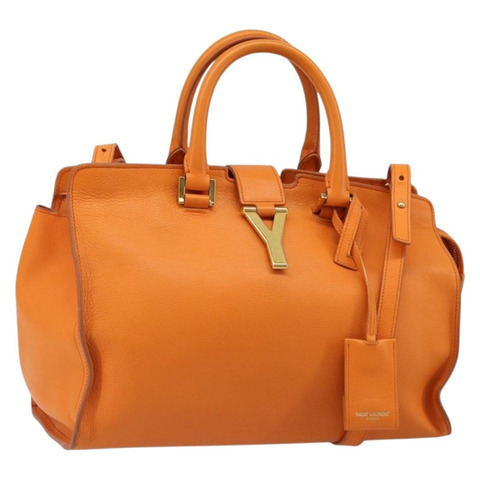 SAINT LAURENT Cabas 迷你手提包 皮革 兩用 橙色 金色 正品 185950A