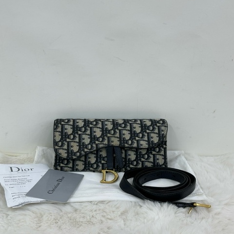 DIOR/迪奧 Saddle 老花Oblique印花刺繡馬鞍包腰包 牛仔藍色 20年編碼底長17 有票