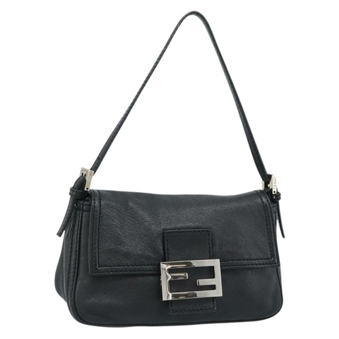 FENDI Mamma Baguette 單肩包，黑色銀色皮革，正品編號 187091SAM