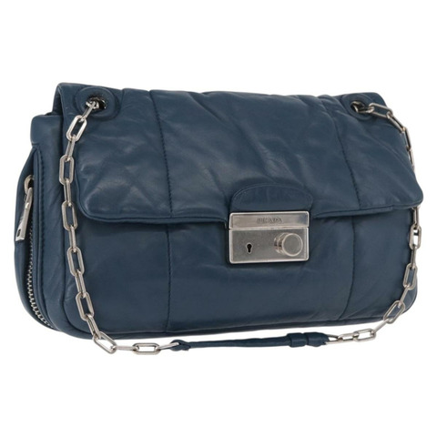PRADA 鏈條單肩包 皮革 藍色 銀色 正品 186890V