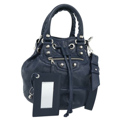BALENCIAGA 巨型迷你絨球手提包 皮革 兩用 海軍藍/銀色 正品 186261SM
