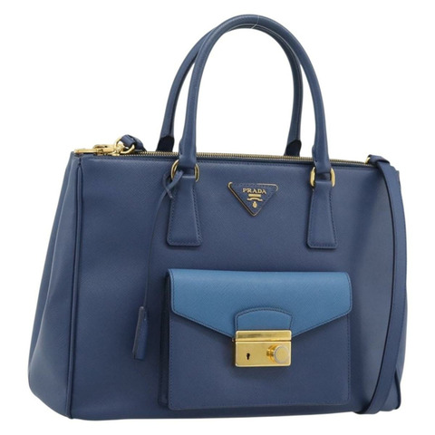 PRADA 手提包 Saffiano 皮革 2way Blue Gold Auth 186202M