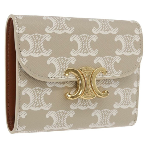 CELINE Triomphe 三折錢包 PVC 米色 金色 正品 186147M