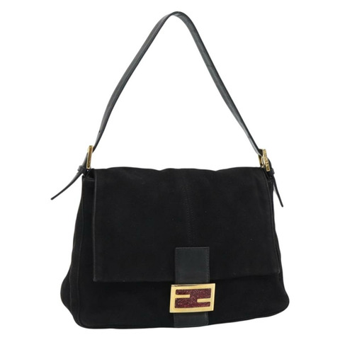 FENDI Mamma Baguette 單肩包，黑色麂皮，金色，正品編號 187561SAM