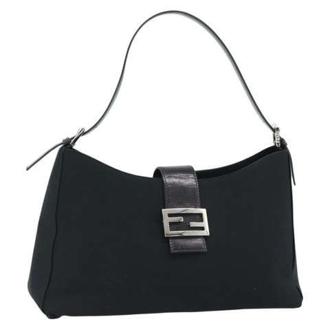 FENDI Mamma Baguette 單肩包 棉質針織布 黑色 銀色 正品 187506V