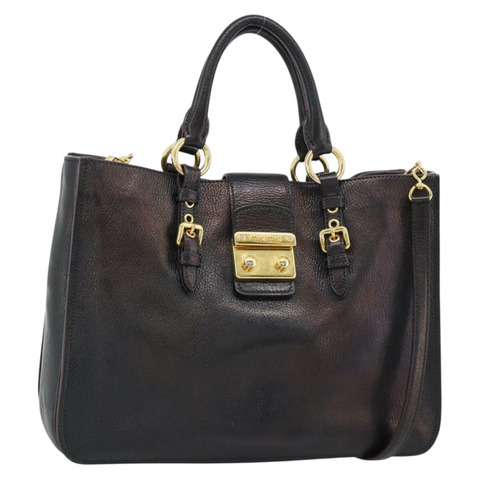 Miu Miu Madras 手提包 皮革 2way 黑色 金色 Auth 187556A