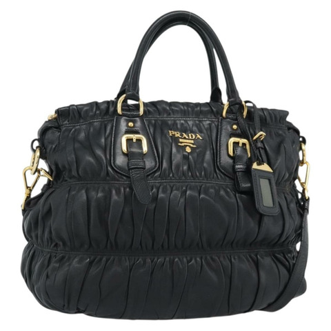 PRADA 褶皺手提包 皮革 2way 黑色 金色 Auth 188842V