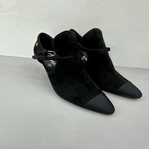 Chanel 香奈兒黑麂皮拼皮 瑪麗珍 高跟鞋 37.5碼