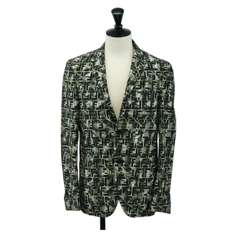 FENDI Zucca帆布聚酯修身夾克，44碼，綠色/黑色，正品 am11963V