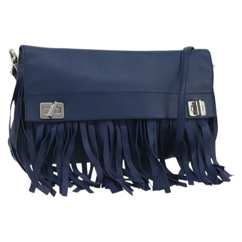 PRADA 皮革單背包 藍色 銀色 正品 189715A