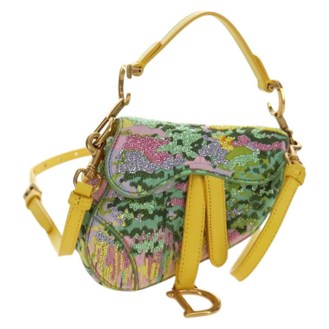 Christian Dior 迷你馬鞍包帆布串珠兩用綠金配色 正品 190200SAM