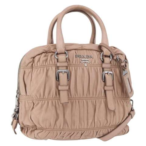 PRADA 褶皺手提包 皮革 兩用 粉紅色 銀色 正品 190719V
