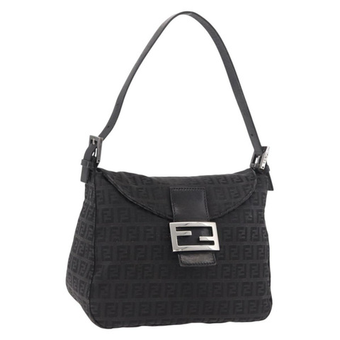 FENDI Zucchino帆布Mamma Baguette單肩包 黑色 銀色 正品 186623A