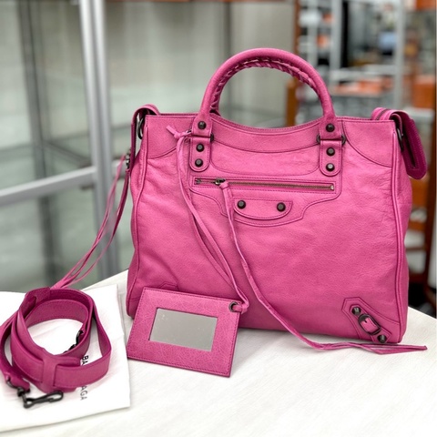 【近新閒置品】Balenciaga 巴黎世家桃粉色 手提單肩斜挎包 竪版機車包