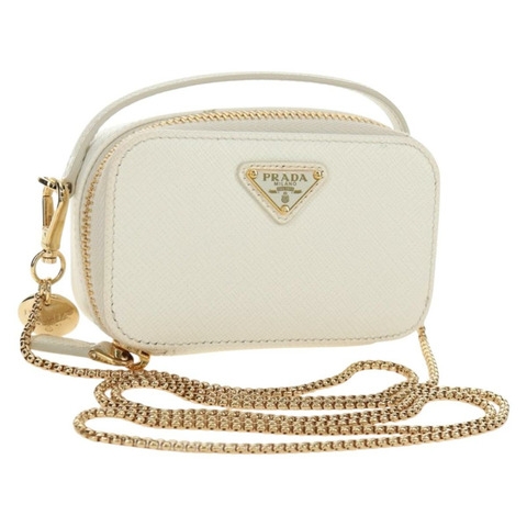 PRADA 鏈條肩背迷你包，Safiano 皮革，白色，金色，正品，貨號 190429M