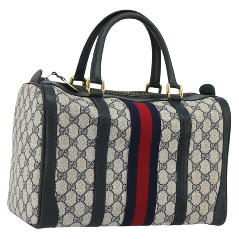 GUCCI GG Supreme Sherry Line 波士頓包 PVC 海軍藍金色 正品 190785A