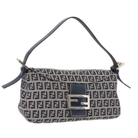 FENDI Zucchino帆布Mamma Baguette單肩包 海軍藍 銀色 正品 191734V