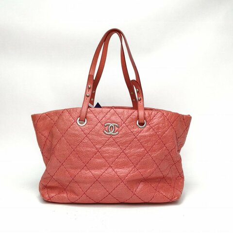 CHANEL 粉紅色牛皮革13開銀扣菱格外縫線托特包肩背包
