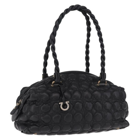 Salvatore Ferragamo Gancini 波士頓包，黑色銀色皮革，正品，貨號 192056V