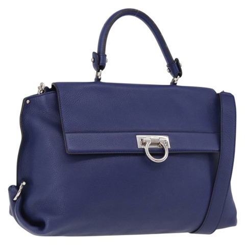 Salvatore Ferragamo Gancini 手提包 皮革 兩用 藍色 銀色 正品 192042A
