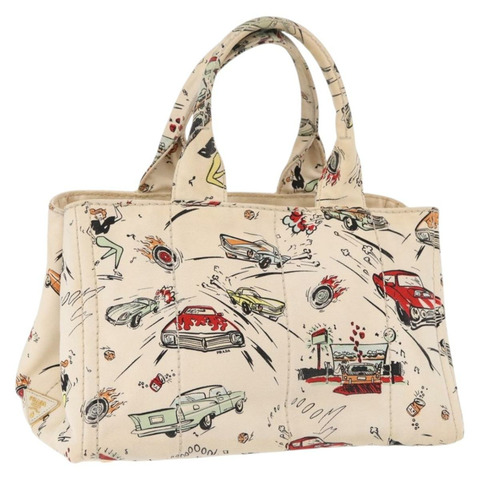 PRADA Canapa M 手袋 帆布 象牙色 金色 正品 192036A