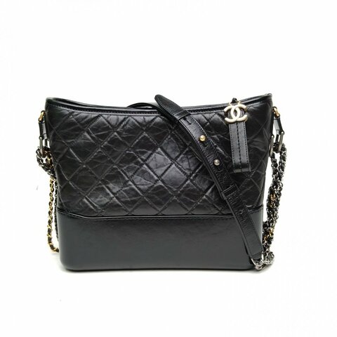 CHANEL GABRIELLE流浪中號黑色牛皮革28開金銀扣肩背包