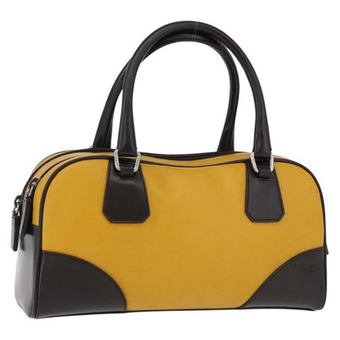 PRADA 手提包 皮革 黃色 銀色 正品 am12115V