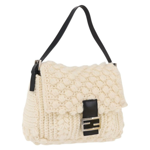 FENDI Mamma Baguette 肩背包 羊毛 白色 黑色 正品 am12117SAV