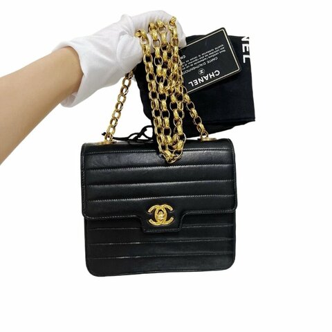 Chanel 香奈兒黑金條紋雙C扣方胖子雕花鏈條包
