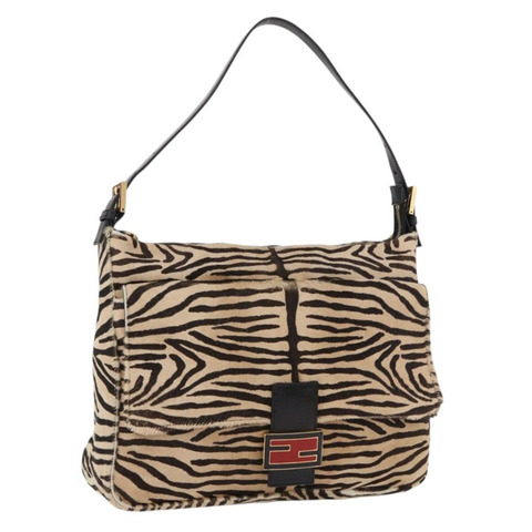 FENDI 斑馬紋 Mamma Baguette 手袋，Harako 皮革，米色/金色，正品 am12114SAM
