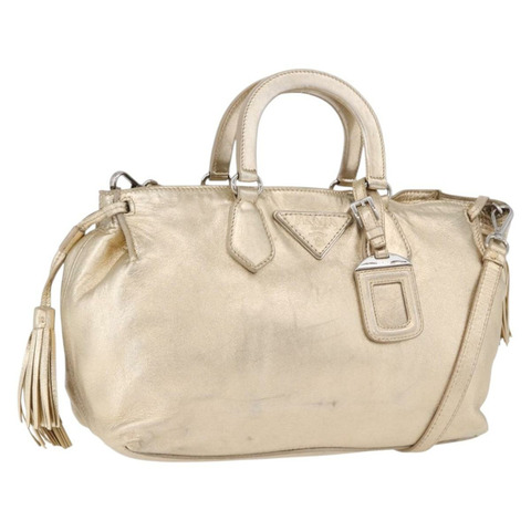 PRADA 手提包 皮革 兩用 銀色/金色 正品 192120A