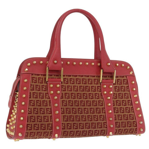 FENDI Zucchino帆布手提包 紅色金色 正品 192125A