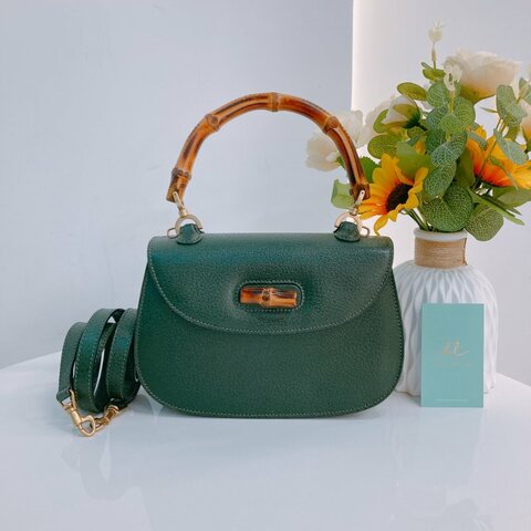 MS0756 Gucci 古馳手套包 黑色牛皮 Vintage Bamboo 1947 Top Handle Bag Calfskin Green x GHW [