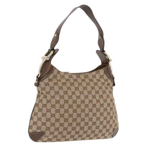 GUCCI GG帆布馬銜扣單肩包 米色 金色 145826 正品 192271V