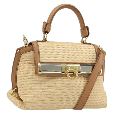 Salvatore Ferragamo Gancini 草編手提包，兩用款，米色金色，正品，貨號 192906V