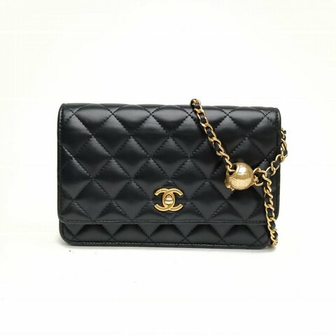 CHANEL CFWOC19黑色羊皮革晶片開金扣金球調節扣肩背包
