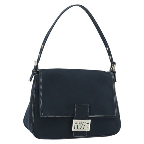 FENDI Mamma Baguette 肩背包 帆布 海軍藍 銀色 正品 192731SV