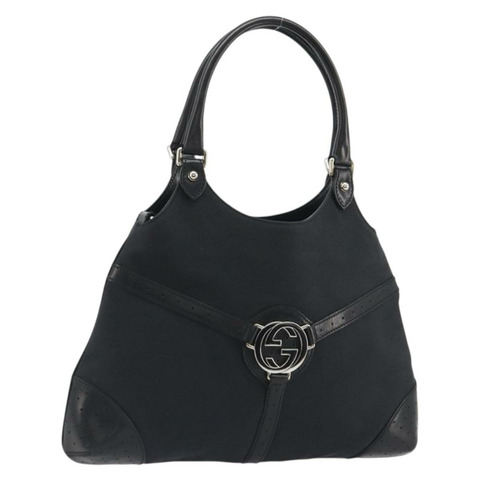 GUCCI 雙G互扣手提包 帆布 黑銀色 114875 正品 192188V