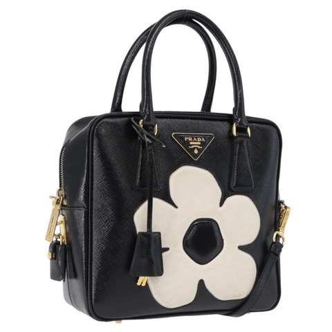 PRADA 手提包 Saffiano 皮革 2way 黑色 金色飾品 Auth 192692A