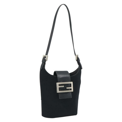 FENDI Mamma Baguette 手袋 棉質 黑色 銀色 正品 192758A